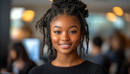 Obraz premium A girl with curly hair smiles brightly in a busy indoor workspace filled with people