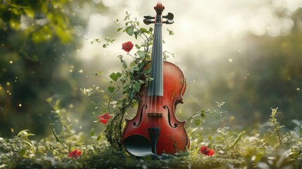 Fototapeta premium Violonchelo en la naturaleza con flores