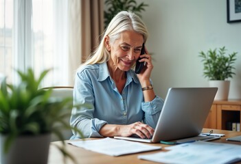 Senior woman using laptop, phone for online finance tasks. Finding information about loan pension savings. Indoor setting with houseplant, documents on table. Elderly person using tech for finance,