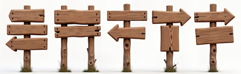 Fototapeta premium Collection of blank wooden signs. Rustic signs with different shapes, directions. Empty signposts create mockup possibilities. Wooden signs on transparent background. Suitable for design mockups,