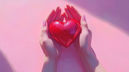 realistic photo wo delicate feminine hands holding a bright red heart, captured from a top-down...