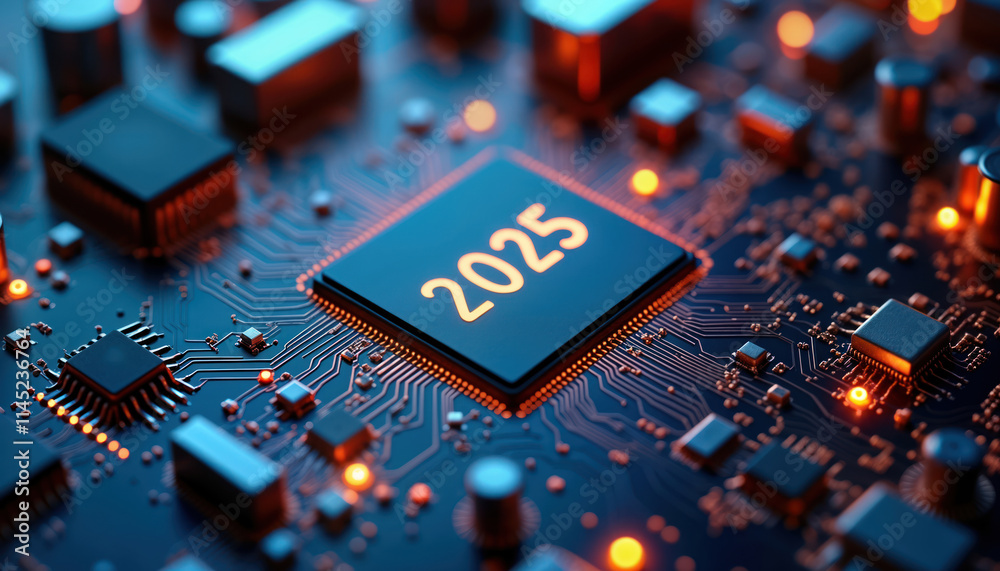 Leinwandbilder close-up view of intricate circuit board with glowing 2025 chipset. modern tech future concept. adva