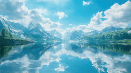 Fototapeta premium Photorealistic Reflection of Clouds in a Crystal Clear Lake Under Bright Natural Light