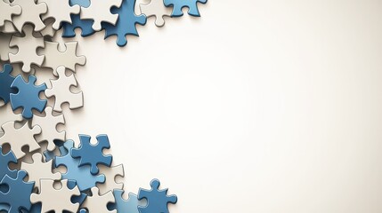 Collection of blue and beige puzzle pieces with blank space in the center