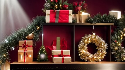 Camera pans right showing holiday gifts, wreaths, and lights on a burgundy background, spotlight creates a dramatic video - Powered by Adobe