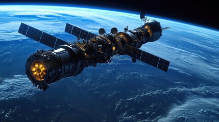 Fototapeta premium Detailed View of a Space Station Orbiting Earth at Twilight
