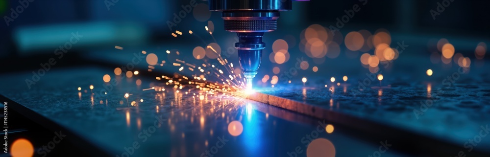 Leinwandbilder blue laser cnc machine cuts metal sheet. sparks fly from precise cut. industrial manufacturing proce
