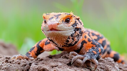 Fototapeta premium Close-up of vibrant orange and black lizard on ground.