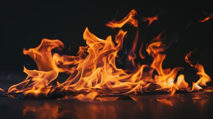 Fototapeta premium Vivid Orange Flames Reflecting on a Glossy Surface in Dark Setting