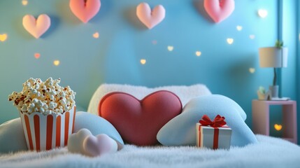 A cozy setup featuring popcorn, pillows, and heart decorations for a romantic atmosphere.
