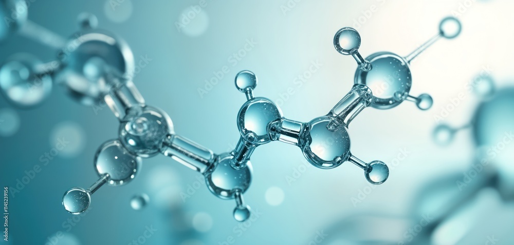 Poster abstract 3d model of molecule. transparent spheres connected by clear rods. blue background. shows i