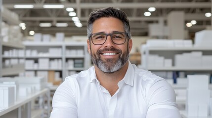 Obraz premium Happy mature man in warehouse smiling.