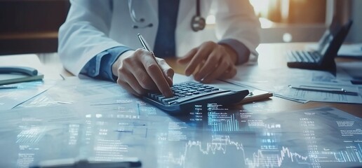 A healthcare professional using a calculator amidst financial documents.