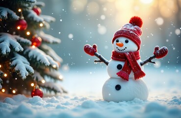 Cheerful snowman enjoys winter wonderland scene. Festive decorations celebrate Christmas, New Year. Snowflakes fall softly on snowy landscape. Christmas tree decorated with warm lights. Red hat,