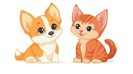 Fototapeta premium A cute corgi puppy and an orange tabby kitten sitting together, showcasing friendship.