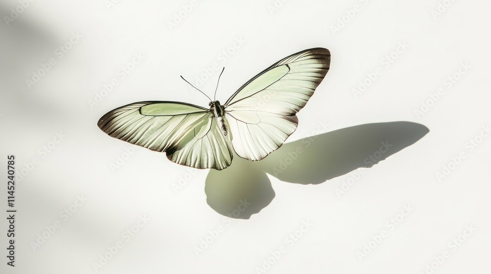 Aufkleber a delicate butterfly with pale green wings resting on a light surface, casting a soft shadow.