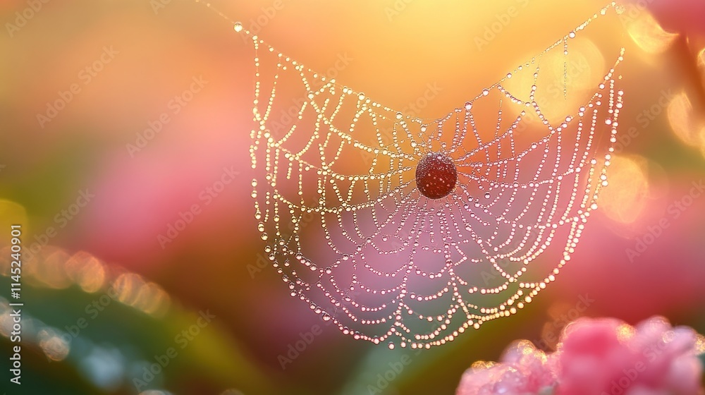 Poster a delicate spider web adorned with dew against a soft, colorful background.