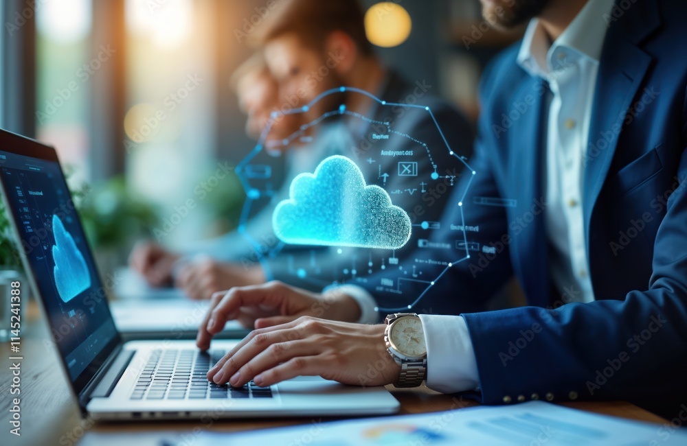 Aufkleber business people use laptops, explore cloud computing insights. tech innovation, future digital trend