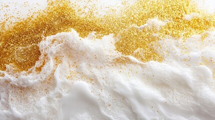 Obraz premium Shimmering Gold Glitter on White Foam Background for Creative Projects