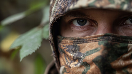 Close-Up Shots of Camouflage Face Masks for Concealment in Outdoor Settings