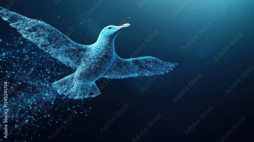 Poster A digital representation of a bird in flight, symbolizing freedom and technology.