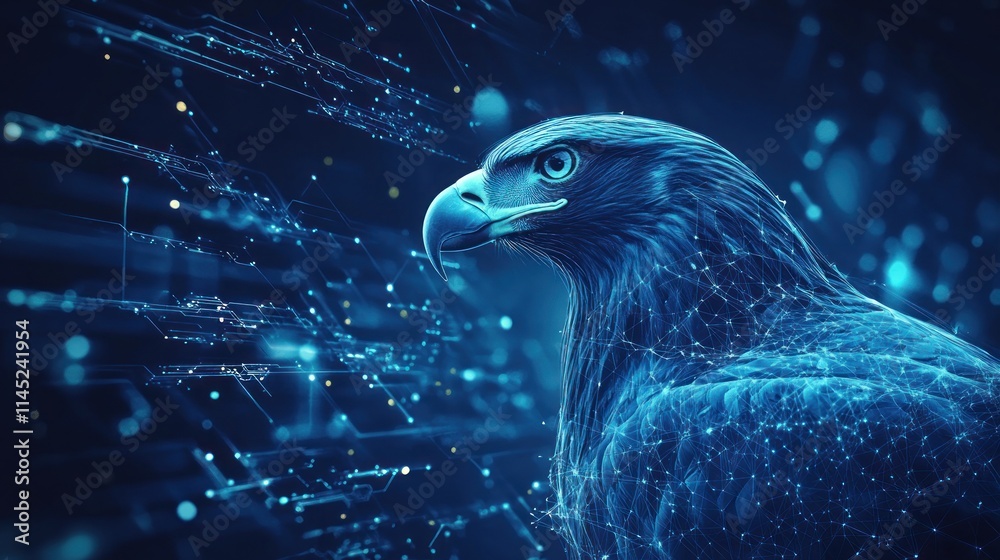 Poster a digital representation of a hawk with a futuristic, tech-inspired design.