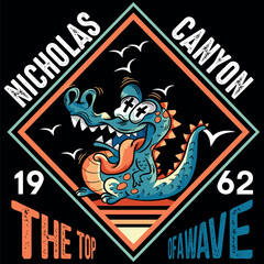 Lizard or crocodile with tattoo style with tongue out surfing on the beaches of California, travel texts, crowded numbers and big waves in textures.