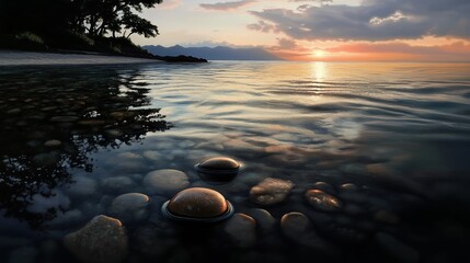 Obraz premium Calm waters reflect a stunning sunset behind mountains at a serene lakeside location