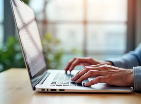 Man uses laptop for online job application. Types on keyboard, uploads resume. Job seeker submits CV digitally. Man focused on online job search, applying for new work opportunities. Businessman