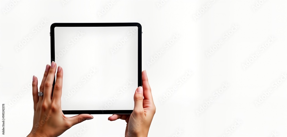 Leinwandbilder female hands hold blank tablet. modern tech device. wireless display. portable tech. stylish hands. 