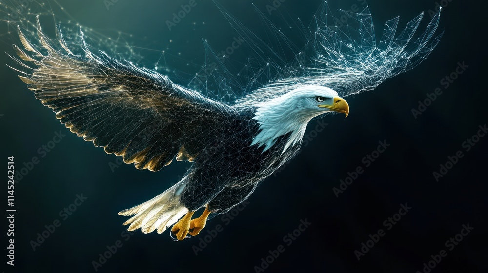 Poster A digital representation of an eagle in flight, showcasing a blend of nature and technology.