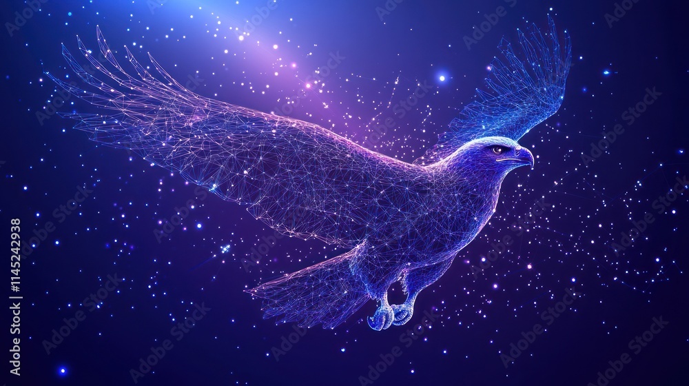 Poster a digital representation of an eagle soaring through a starry, cosmic background.