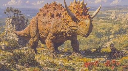 Obraz premium A giant horned dinosaur stands majestically in a rocky prehistoric valley under a cloudy sky in a detailed fantasy painting.