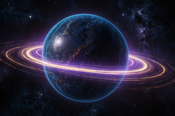 Obsidian-like planet with flowing golden-blue energy lines, glowing aura, soft purple rings, starlit space