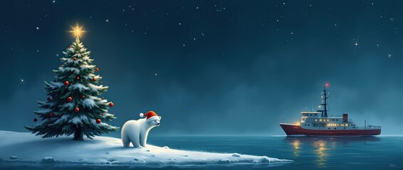 Christmas card with Christmas tree on an island with a research vessel, dark sky with stars. Small Happy Polar bear with Santa hat on the island looking towards the ship. 