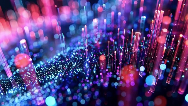 Fiber optic cables transmit massive amounts of big data, illuminating a futuristic cityscape with vibrant pink and blue hues, symbolizing the fast paced world of digital information and technology
