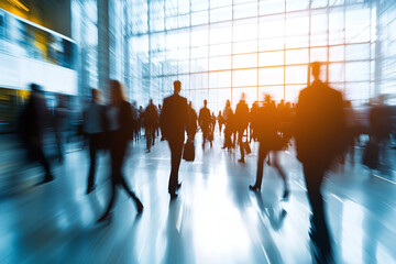 Businesspeople crowd fastmoving in an office lobby background with motion blur