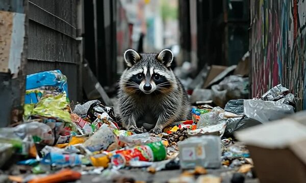 A raccoon amidst scattered trash in an urban alleyway.