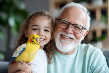 An uplifting image of a smiling older man with glasses and a delighted young girl, grinning with their vibrant yellow pet bird, in a light, cheerful setting.