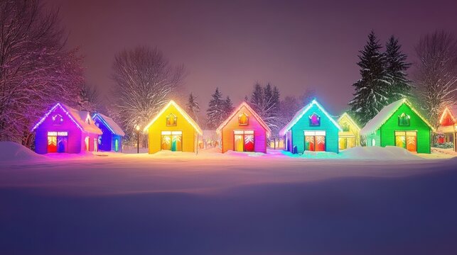Casas iluminadas navide&ntilde;as en la nieve