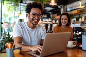Two individuals enjoy a collaborative work session in a cafe, sharing a laptop and coffee, evoking a sense of joy, productivity, and modern communal atmosphere.
