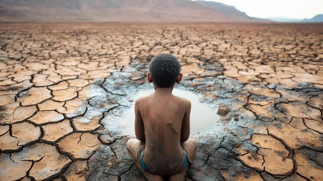 Hungry boy on the dry land. Back view