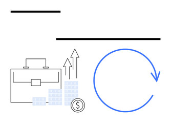 Briefcase beside stacked coins and dollar sign, two upward arrows. Large blue circular arrow on the right. Ideal for business strategy, economics, investment, growth, financial planning, progress
