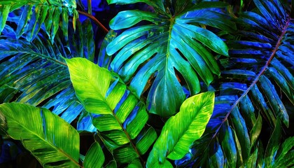 Obraz premium Tropical Leaves Illuminated with Blue and Green A Vibrant Display of Natures Beauty Captured in Stunning Colors, Perfect for Nature Lovers and Interior Decor Enthusiasts Seeking Unique Artwork.