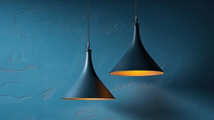 Fototapeta premium Two modern pendant lamps hanging against a textured blue wall, casting warm light.