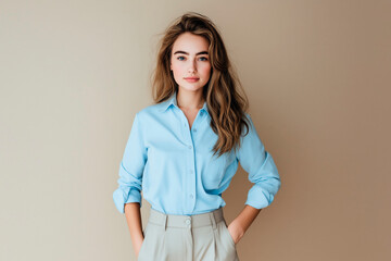 Full length portrait of a beautiful girl in her 25s wearing a light blue blouse and beige trousers in casual style, standing on a light brown solid background