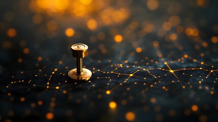 A metallic pin standing out on a dark map of constellations glowing under soft light.