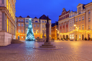Obraz premium Christmas Market and Poznan Town Hall at Dawn, Poznan, Poland