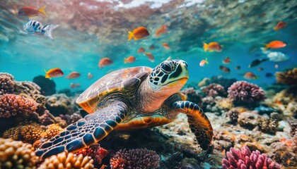 Fototapeta premium A Vibrant Underwater World A Turtle Surrounded by Colorful Fish and Sea Animals Amidst Lush Coral Reefs in the Ocean
