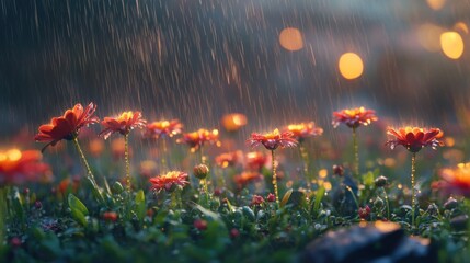 Obraz premium Flores coloridas bajo la lluvia en un jardín